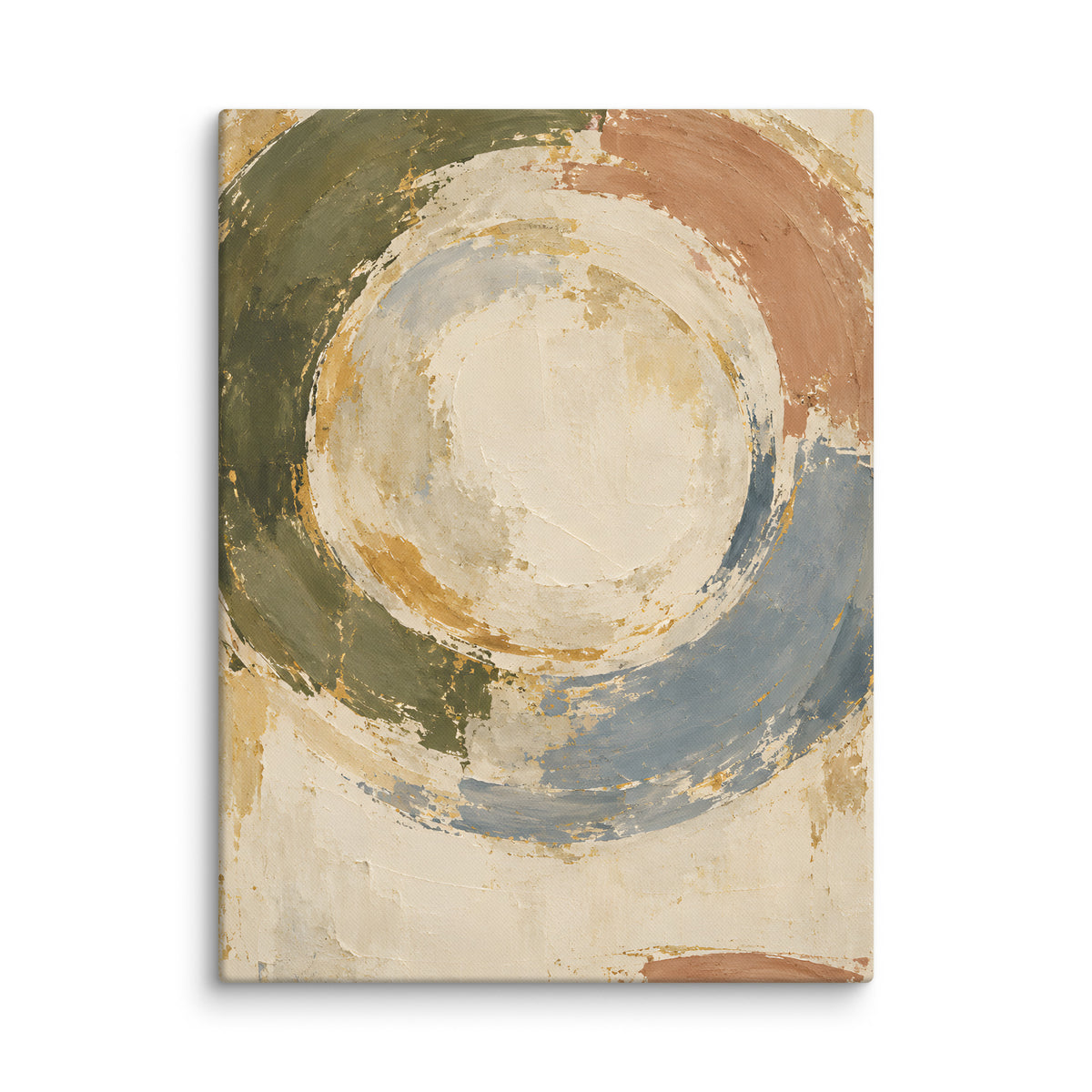 Quiet Orbit canvas print, 18 × 24 inches, showing layered circular forms in olive, blue, clay and ivory