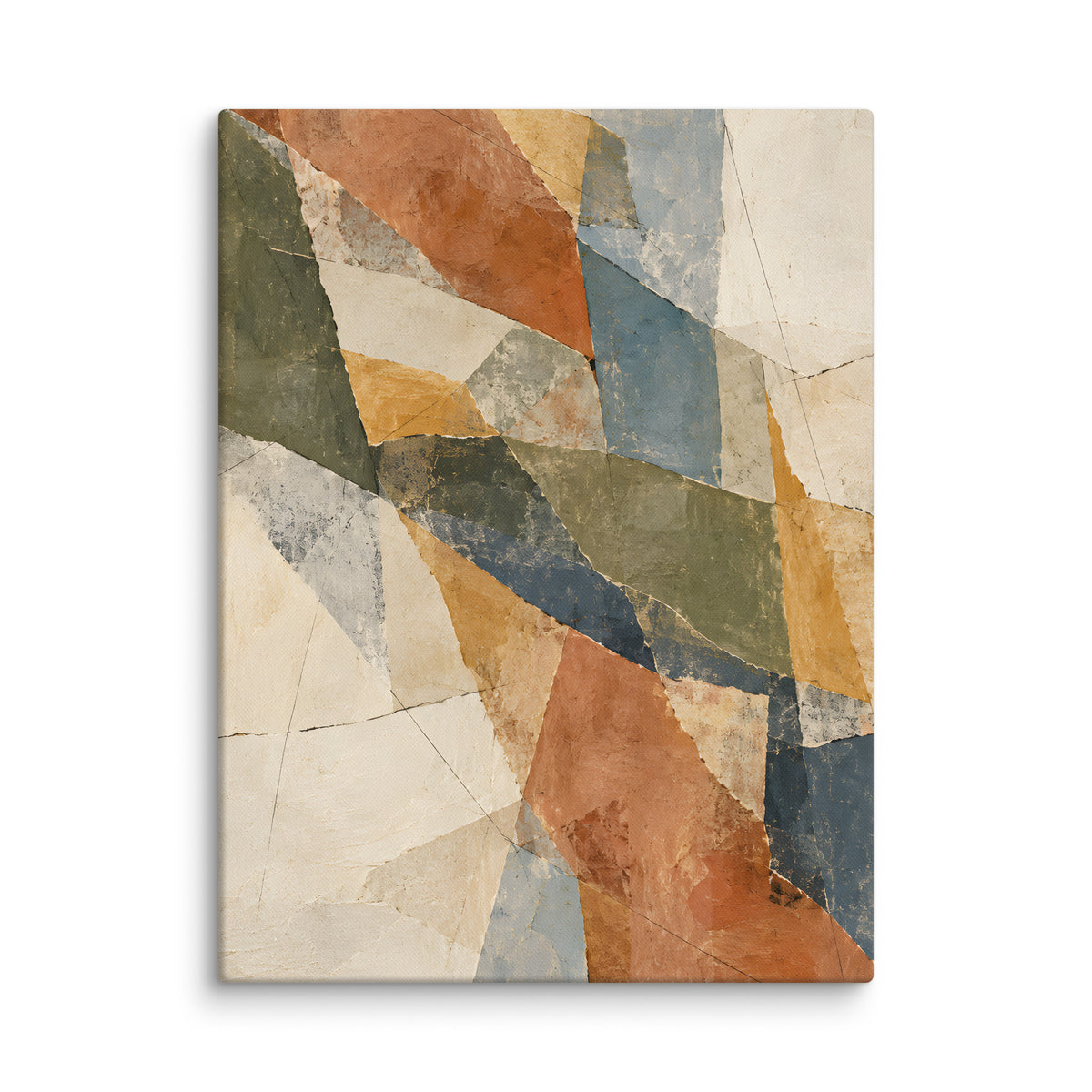 Fragmented Horizon canvas print, 18 × 24 inches, showing intersecting geometric forms in earthy muted colors