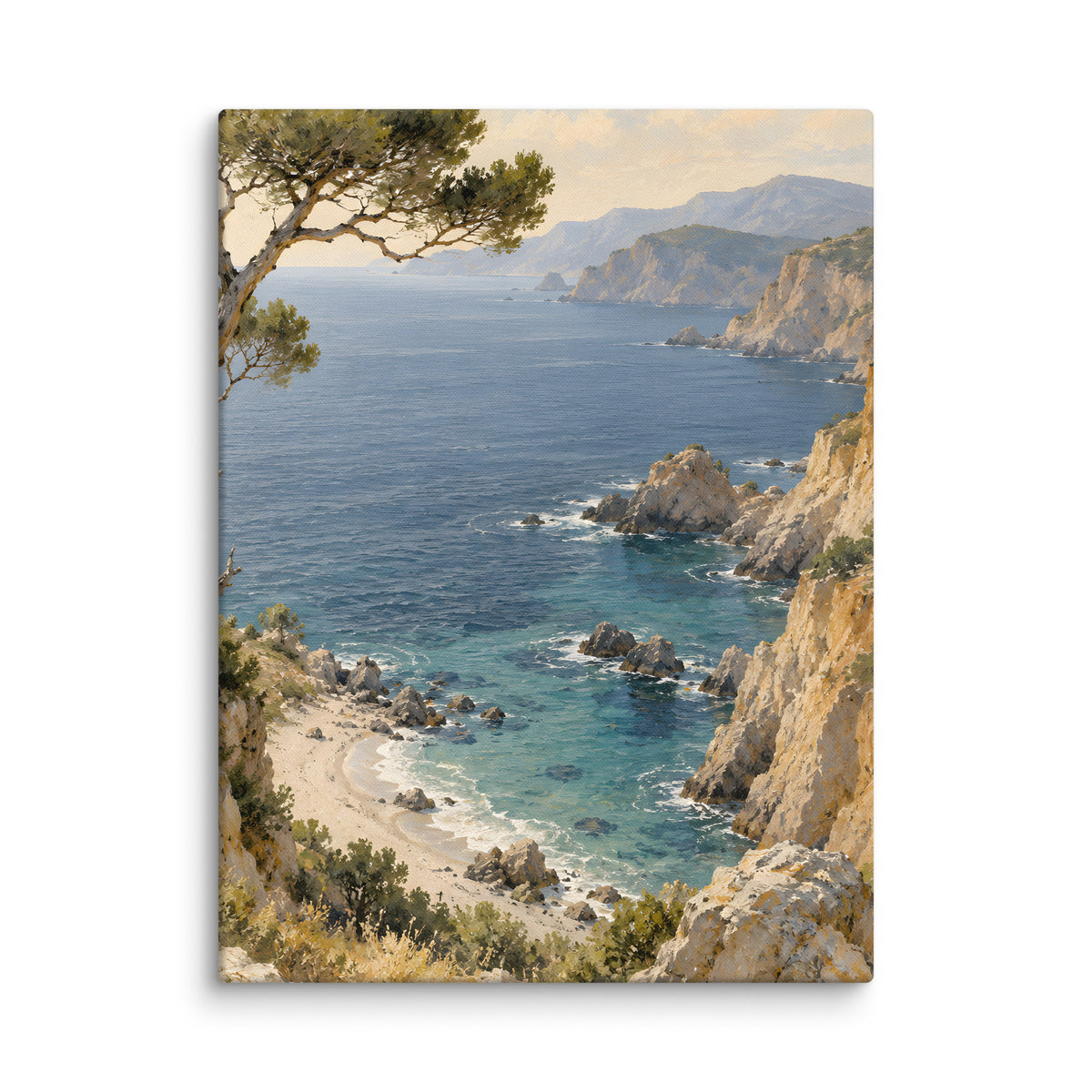 Cove of Pines canvas print, 18 × 24 inches, depicting a wind-bent pine above a turquoise Mediterranean cove.