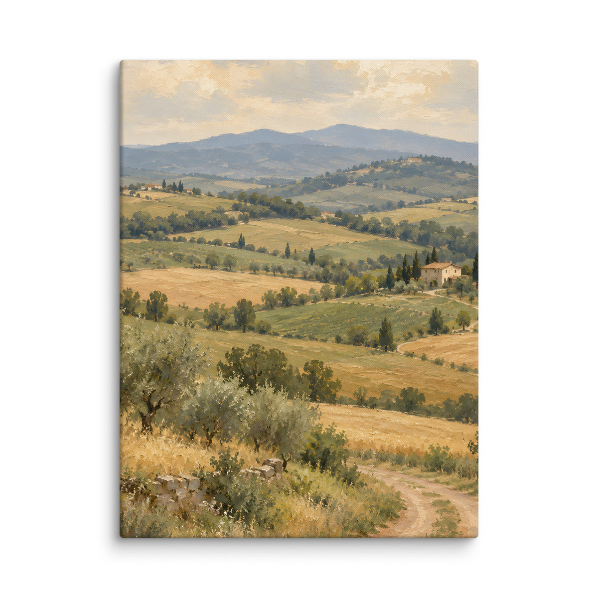 Tuscan Quiet canvas print, 18 × 24 inches, depicting rolling Tuscan fields, cypress trees and a distant farmhouse.