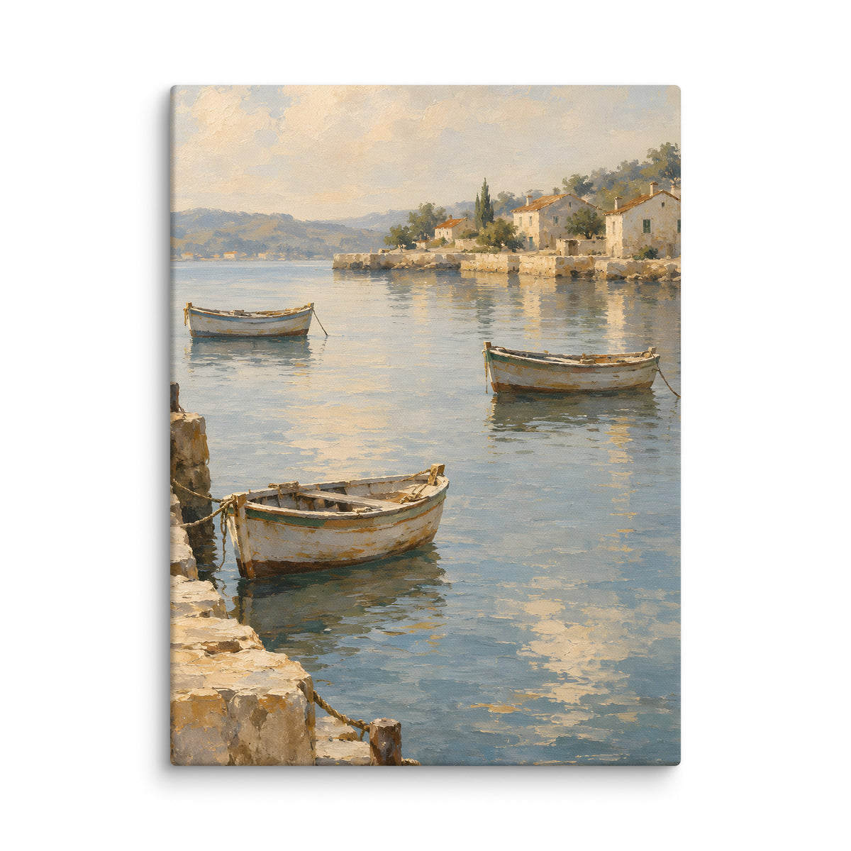 Harbor Stillness canvas print, 18 × 24 inches, depicting wooden boats on calm water beside a Mediterranean village.