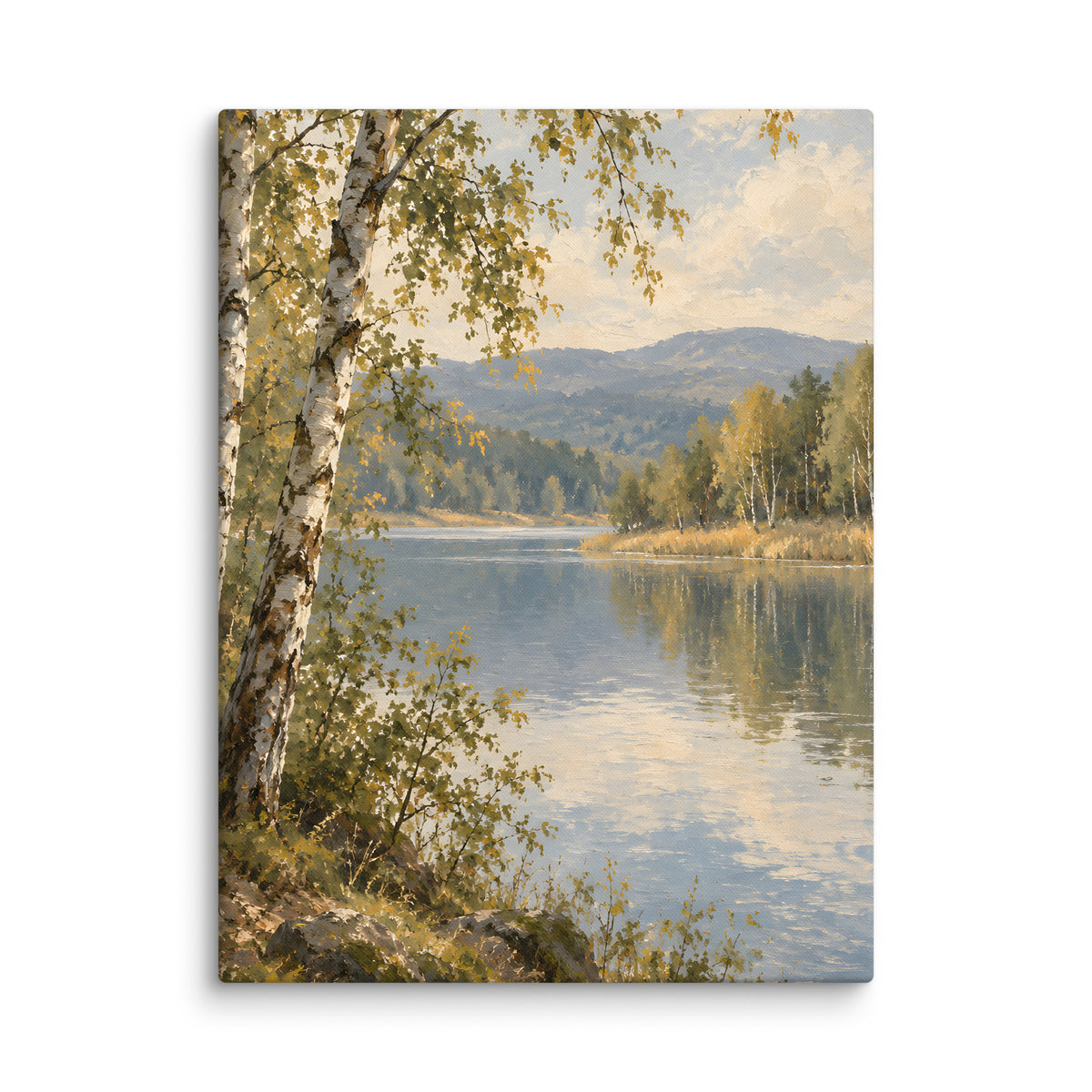 Birchwater Calm canvas print, 18 × 24 inches, depicting birch trees framing a quiet lake and golden foliage.