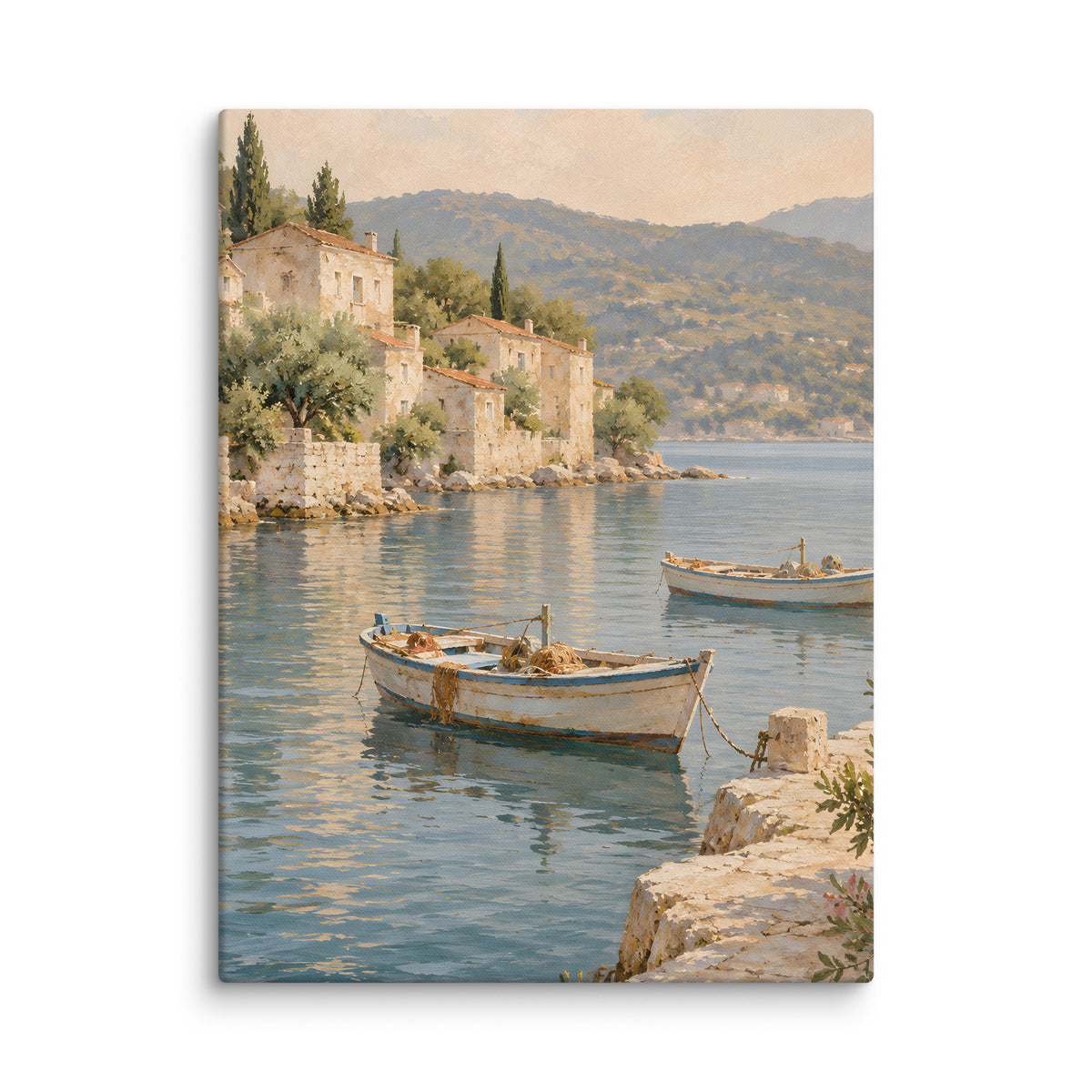 Harbor Hush canvas print, 18 × 24 inches, depicting fishing boats, blue water and sun-washed harbor houses.