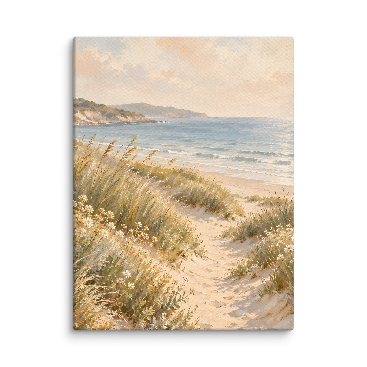 Dune Reverie canvas print, 18 × 24 inches, depicting a sandy path, dune grasses and a calm blue shoreline.