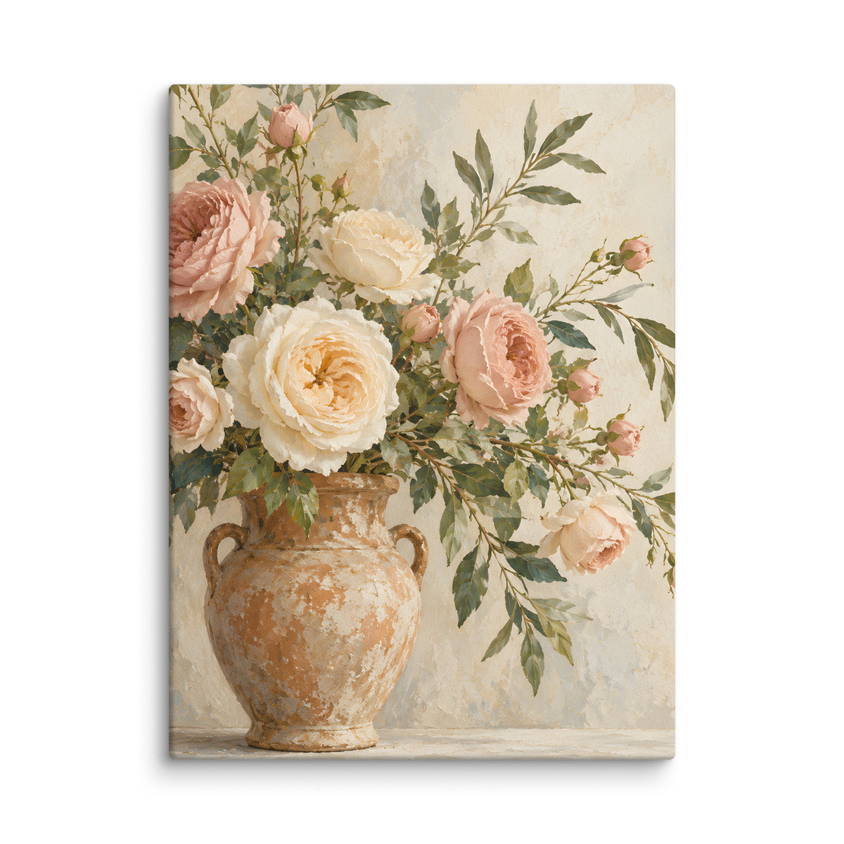 Rosewood Bloom canvas print, 18 × 24 inches, depicting blush and ivory roses in a rustic terracotta vessel.