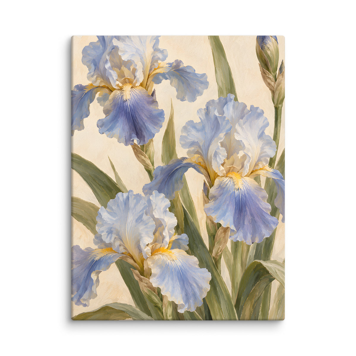 Iris at Dawn canvas print, 18 × 24 inches, depicting blue-violet irises, ivory petals and olive-toned leaves.