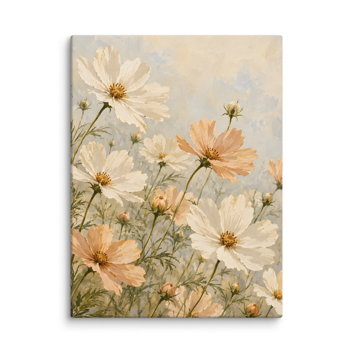 Cosmos Whisper canvas print, 18 × 24 inches, depicting ivory and apricot cosmos flowers against a soft cream background.