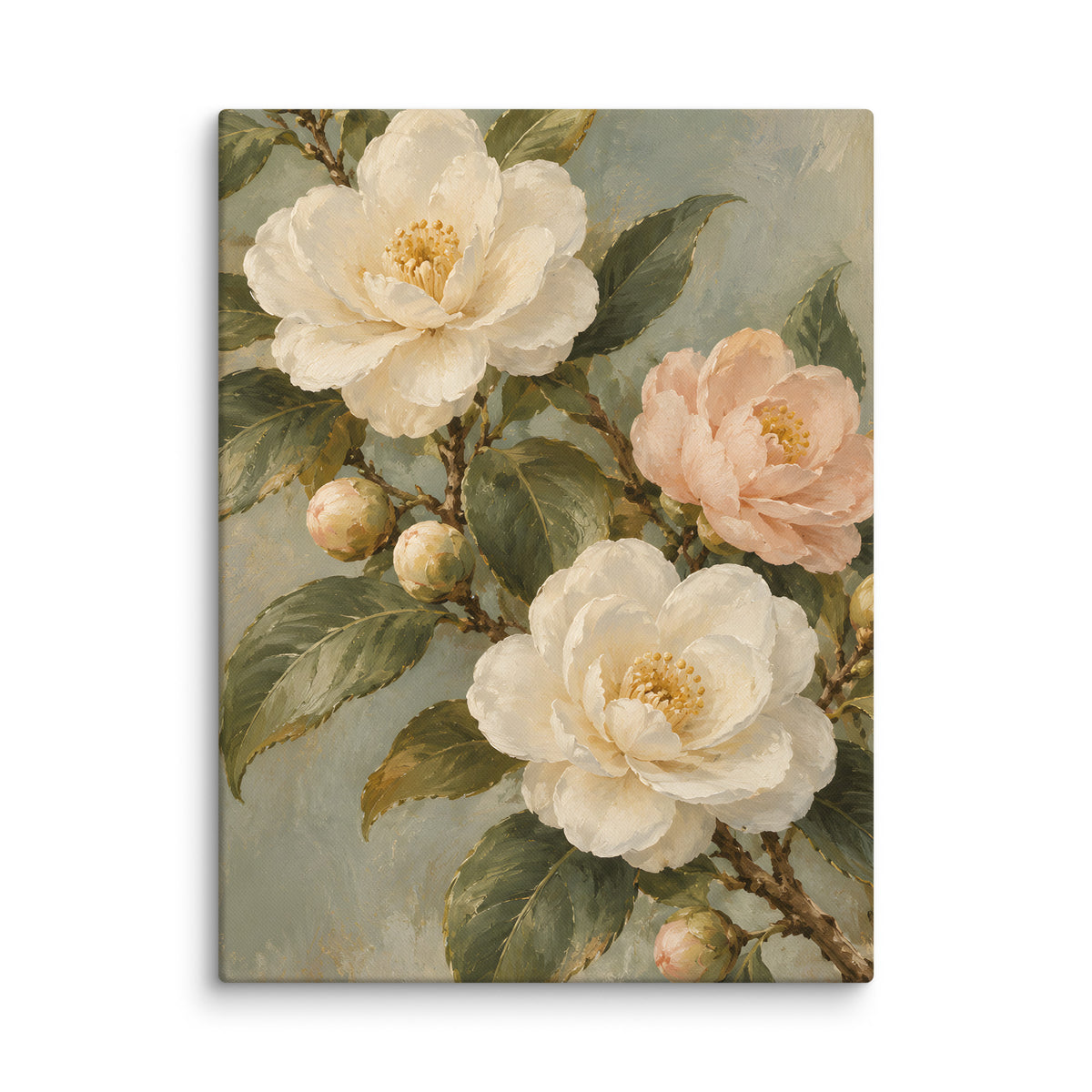 Camellia Light canvas print, 18 × 24 inches, depicting ivory and blush camellias with rich olive foliage.