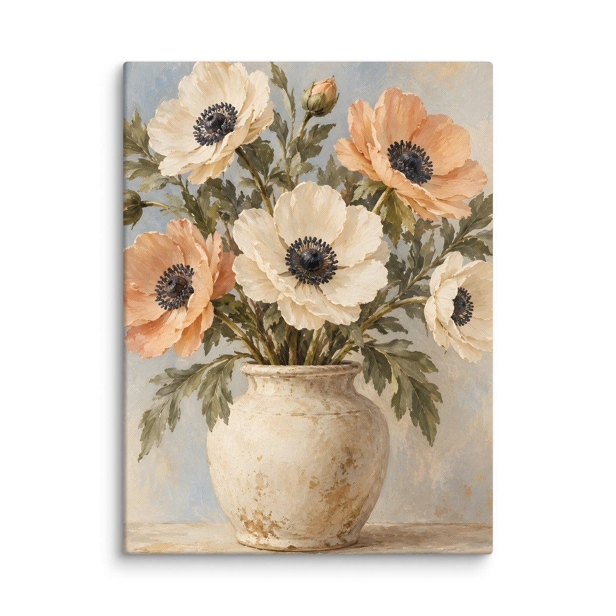 Sunlit Anemones canvas print, 18 × 24 inches, depicting ivory and apricot anemones in a rustic cream vessel.