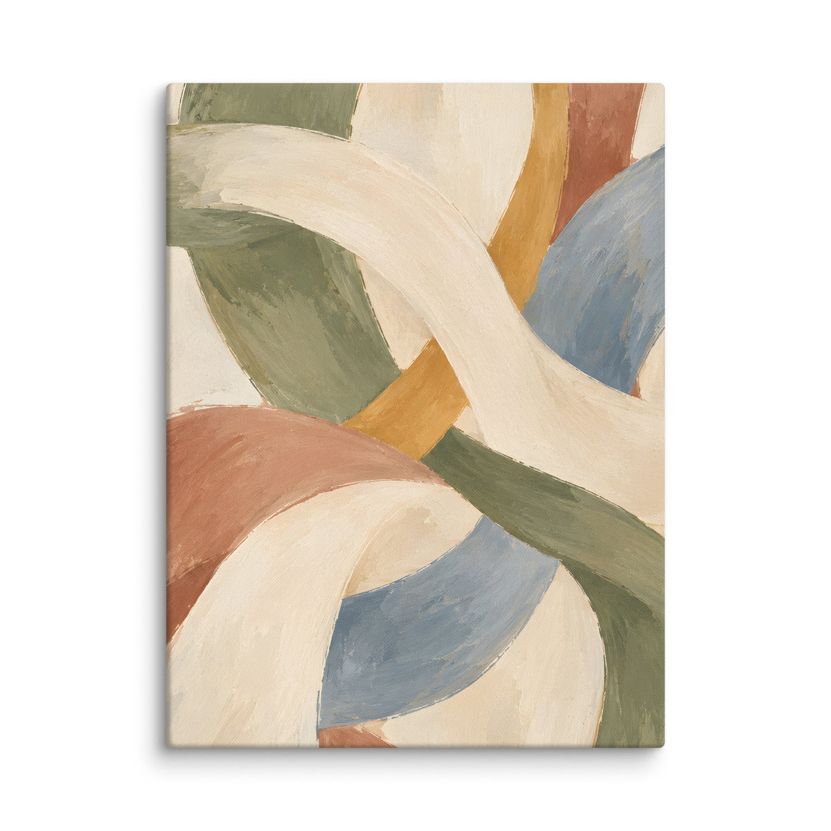 Woven Stillness canvas print, 18 × 24 inches, depicting interwoven curves in olive, clay, dusty blue and ivory.
