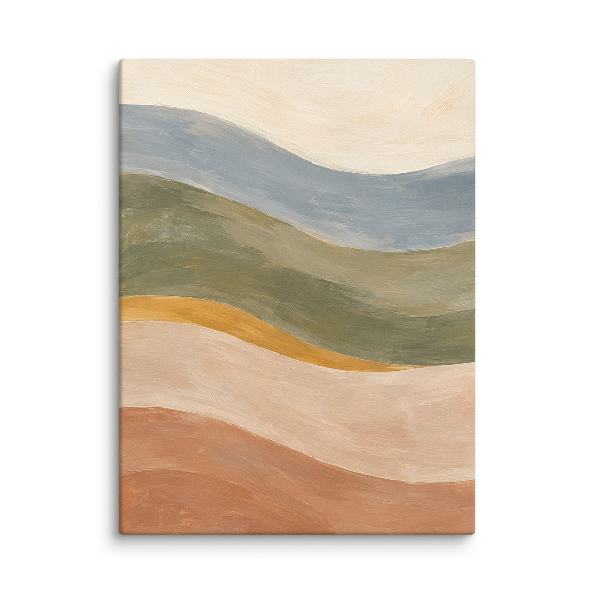 Soft Tides canvas print, 18 × 24 inches, depicting layered abstract waves in dusty blue, olive and warm clay.