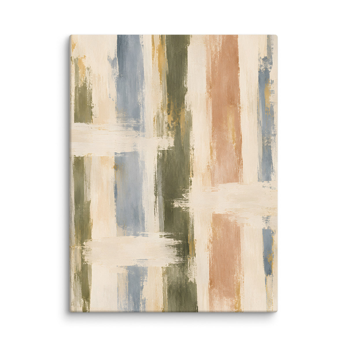Quiet Intervals canvas print, 18 × 24 inches, depicting textured vertical strokes in olive, dusty blue, clay and ivory.