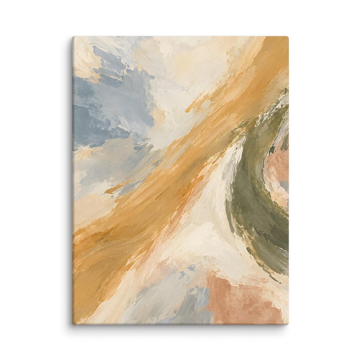 Ochre Drift canvas print, 18 × 24 inches, depicting gestural strokes in golden ochre, dusty blue and olive.