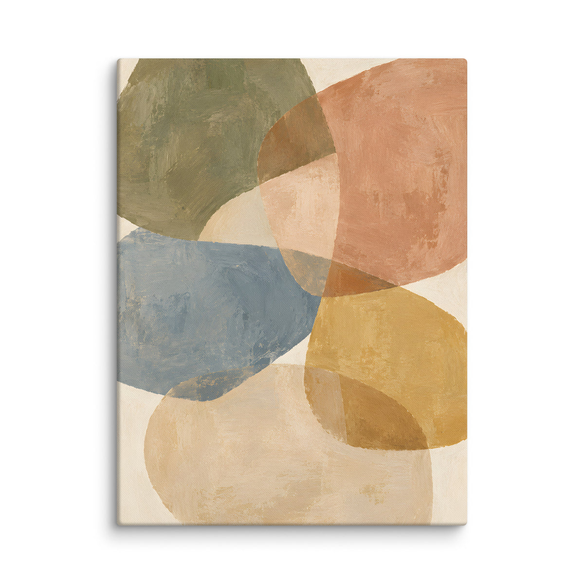 Gathered Earth canvas print, 18 × 24 inches, depicting overlapping organic forms in olive, clay and creamy neutrals.
