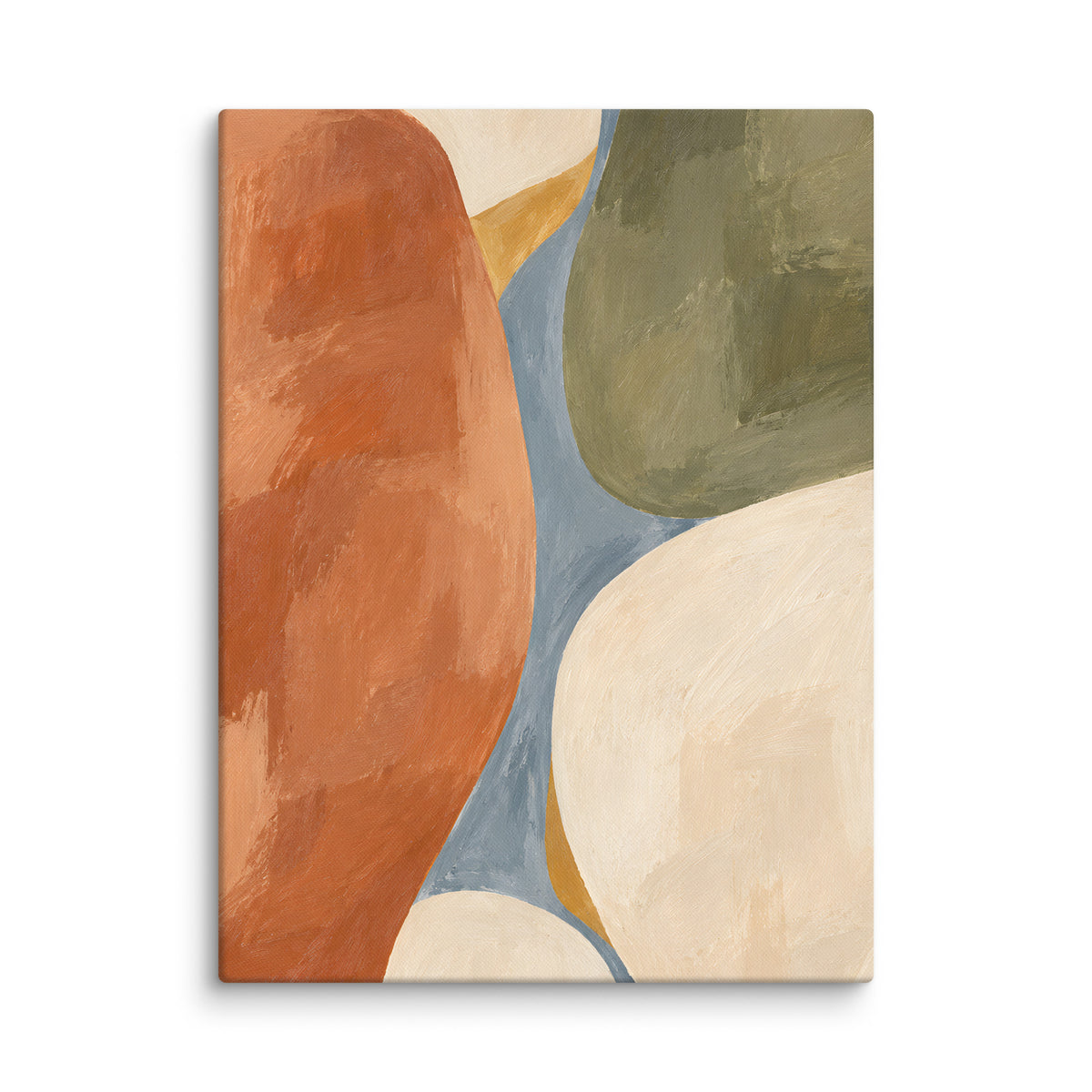 Clay Sonata canvas print, 18 × 24 inches, depicting sculptural organic forms in warm clay, olive and dusty blue.