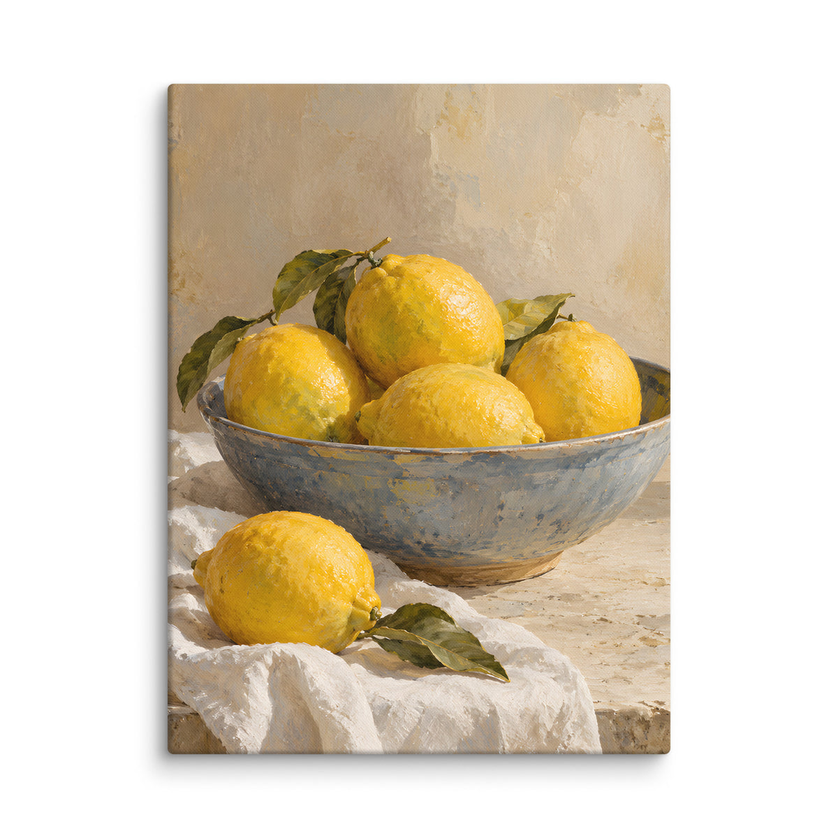 Mediterranean Lemons canvas print, 18 × 24 inches, showing yellow lemons in a blue ceramic bowl on ivory linen