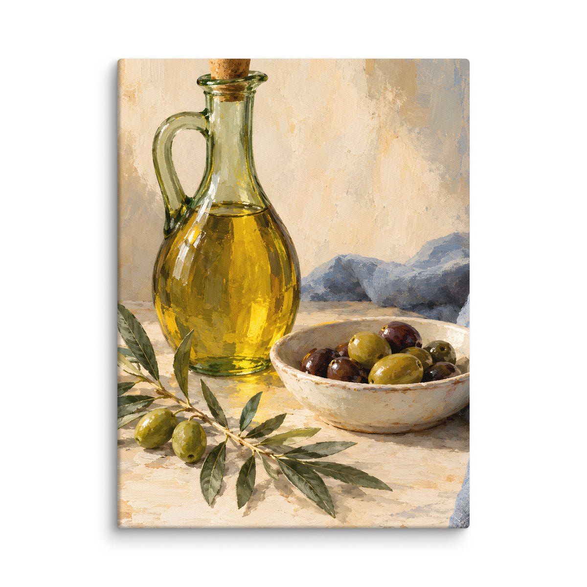 Olive Table canvas print, 18 × 24 inches, showing olive oil, green and dark olives and an olive branch