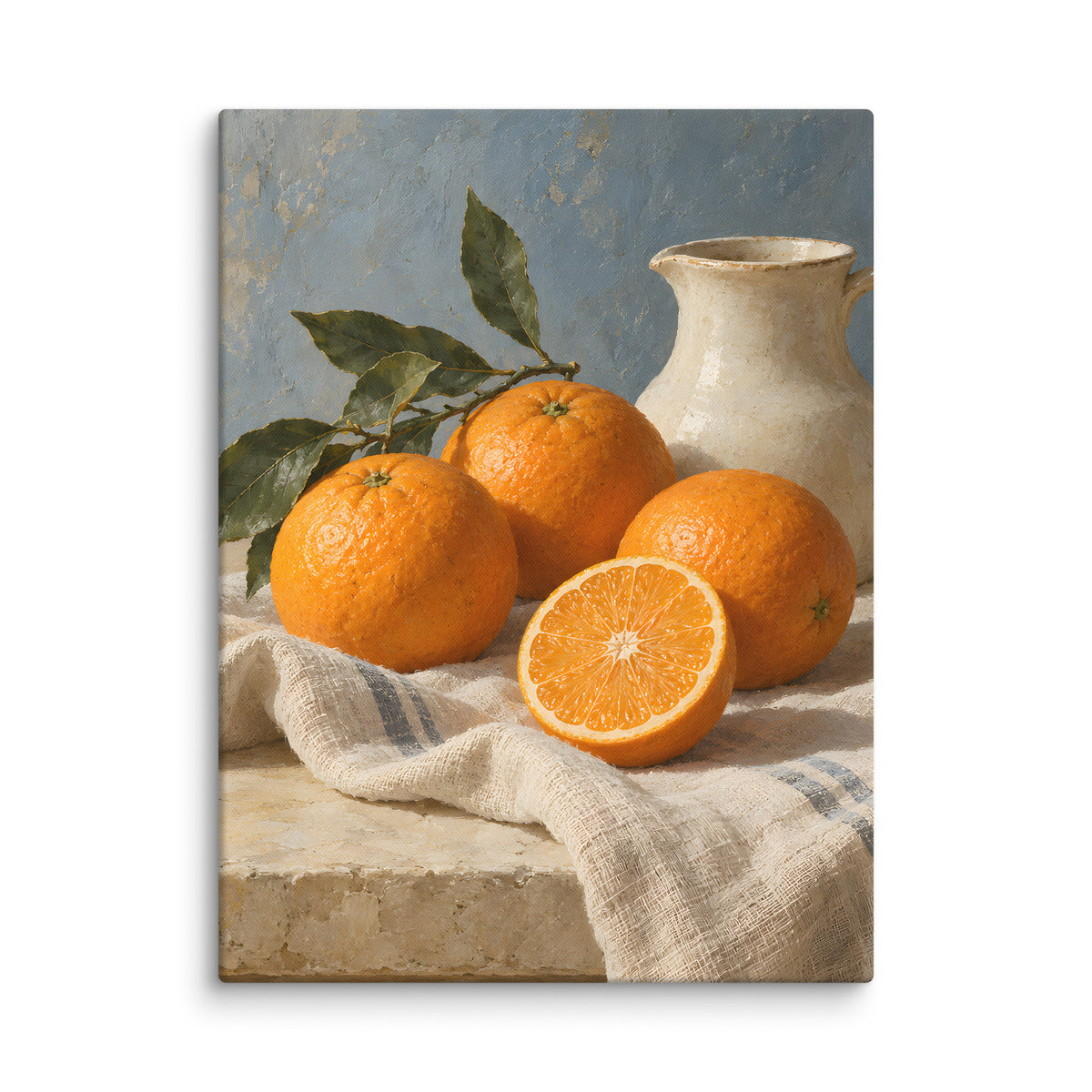 Citrus Table canvas print, 18 × 24 inches, showing ripe oranges, leafy branches and a cream ceramic pitcher