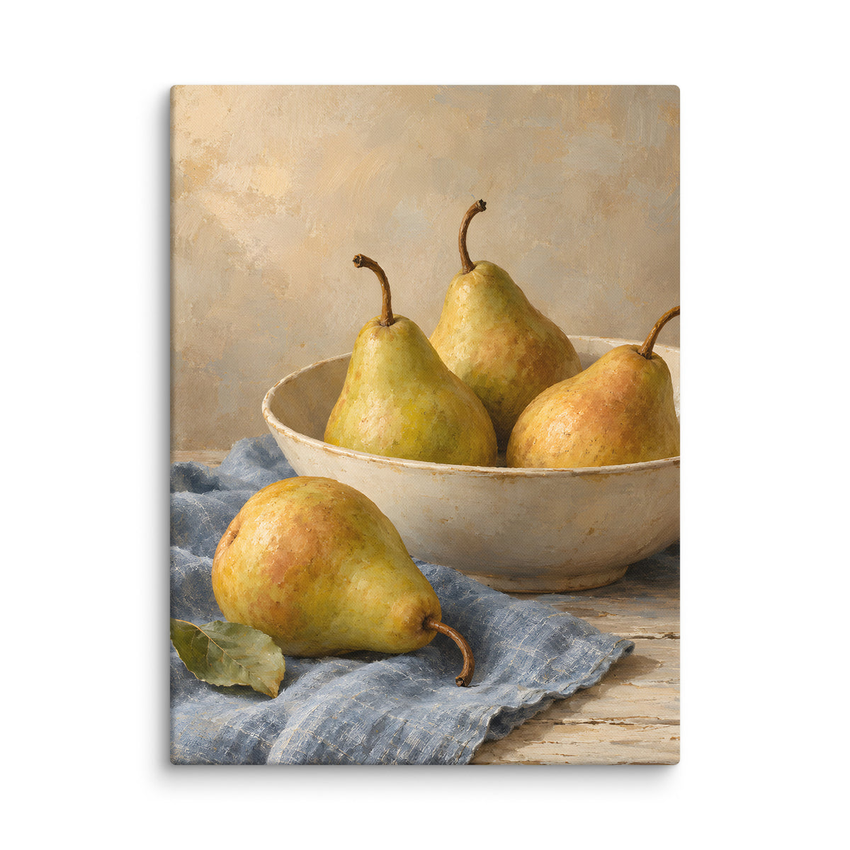 Golden Pears on Blue Linen canvas print, 18 × 24 inches, showing golden pears in a cream bowl on blue linen