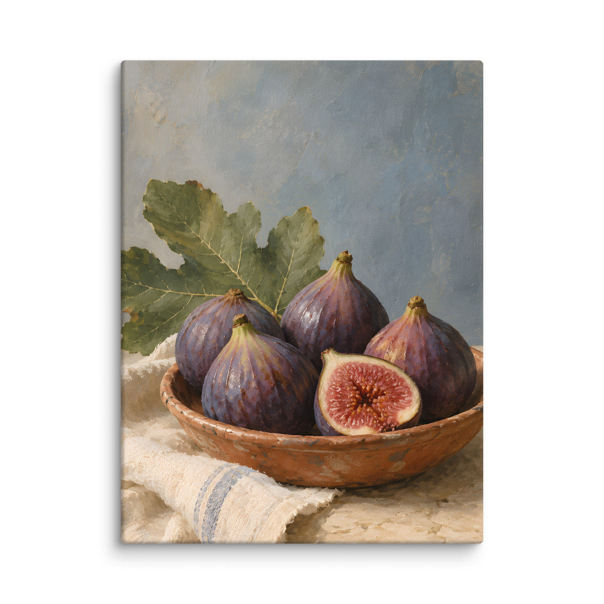Terracotta Figs on Linen canvas print, 18 × 24 inches, showing purple figs in a terracotta bowl on ivory linen