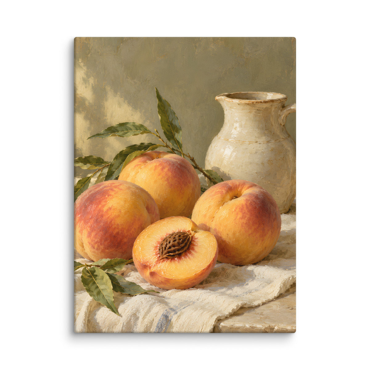 Golden Peaches & Cream canvas print, 18 × 24 inches, showing golden peaches and a cream ceramic pitcher