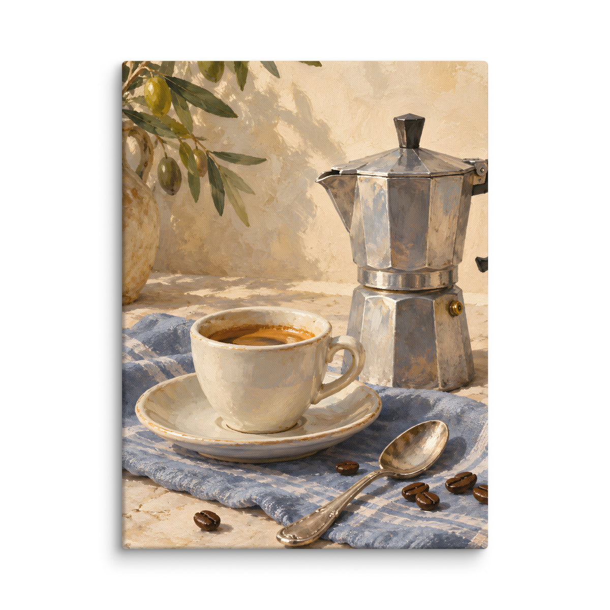 Slow Espresso Morning canvas print, 18 × 24 inches, showing a moka pot, espresso cup and coffee beans on blue linen