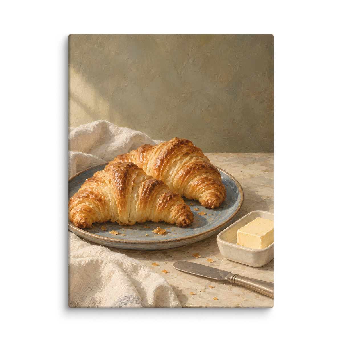 Golden Morning Croissants canvas print, 18 × 24 inches, showing golden croissants, butter and a blue ceramic plate