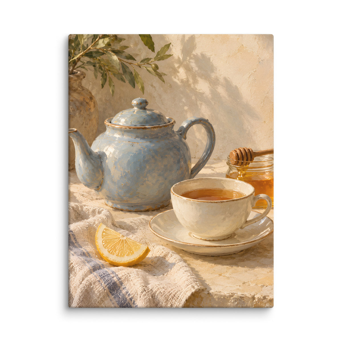 Honeyed Morning Tea canvas print, 18 × 24 inches, showing a blue teapot, cream teacup, honey and lemon