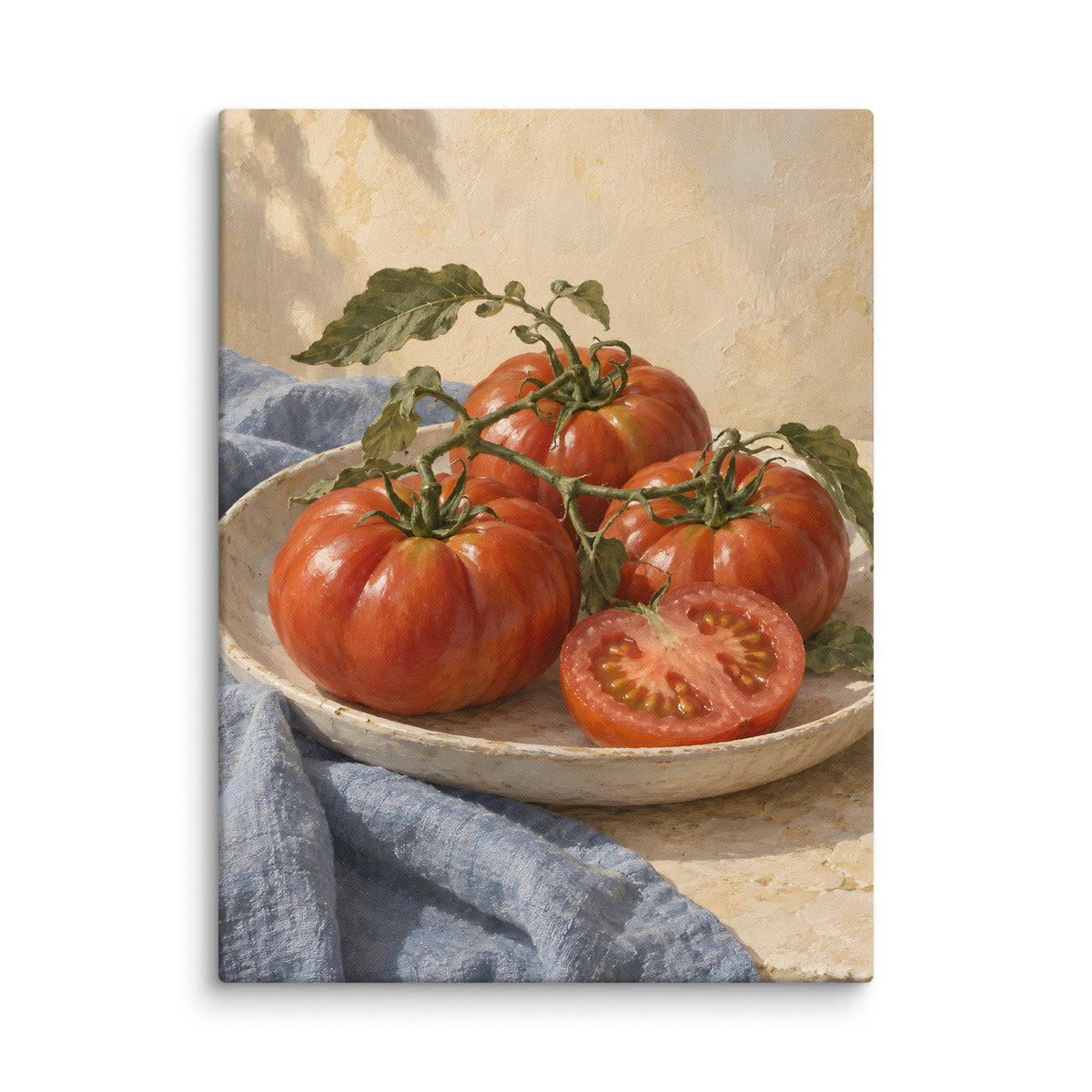 Heirloom Tomatoes on Blue Linen canvas print, 18 × 24 inches, showing red heirloom tomatoes and leafy vines on blue linen