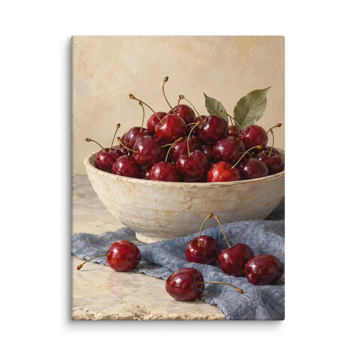 Cherries on Blue Linen canvas print, 18 × 24 inches, showing red cherries in a cream ceramic bowl on blue linen