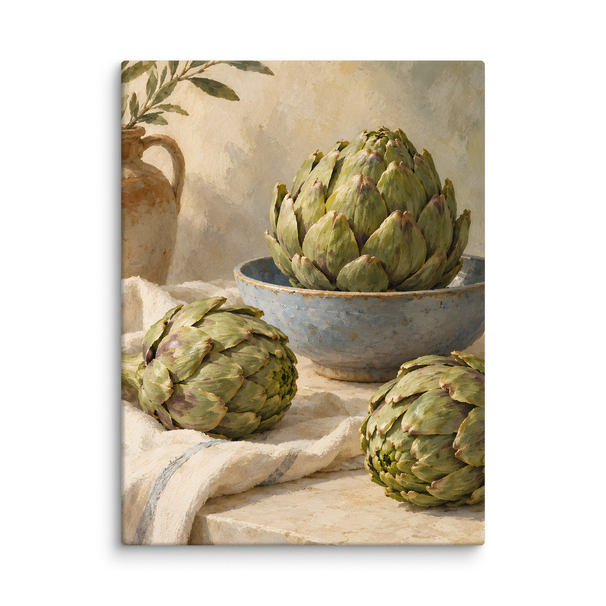 Artichokes on Linen canvas print, 18 × 24 inches, showing green artichokes with a blue ceramic bowl and ivory linen