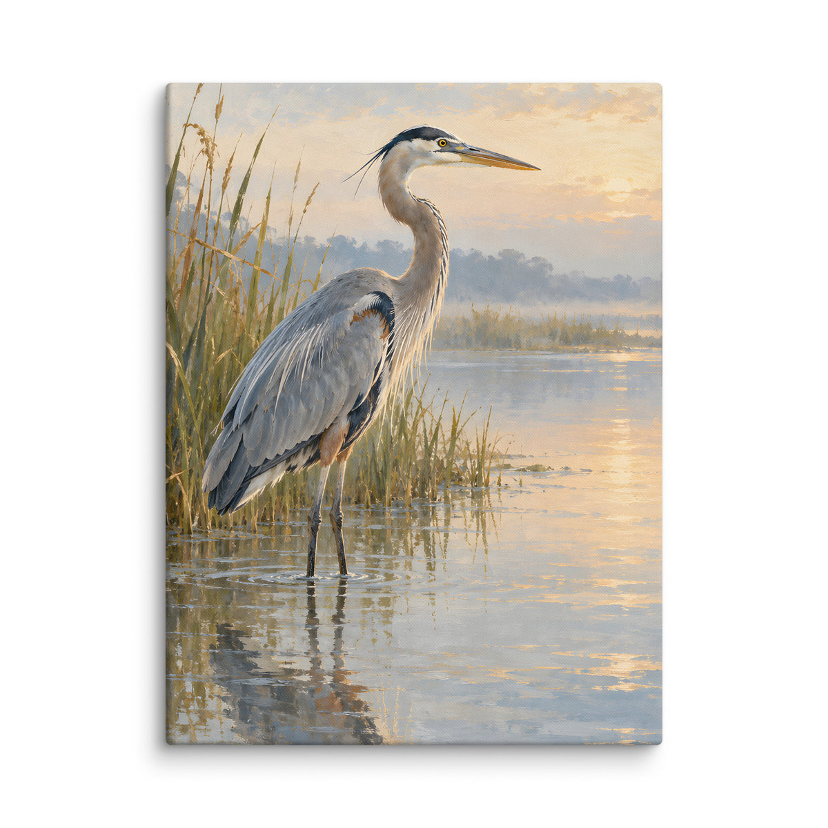 Heron in Morning Mist canvas print, 18 × 24 inches, showing a heron standing in a misty marsh