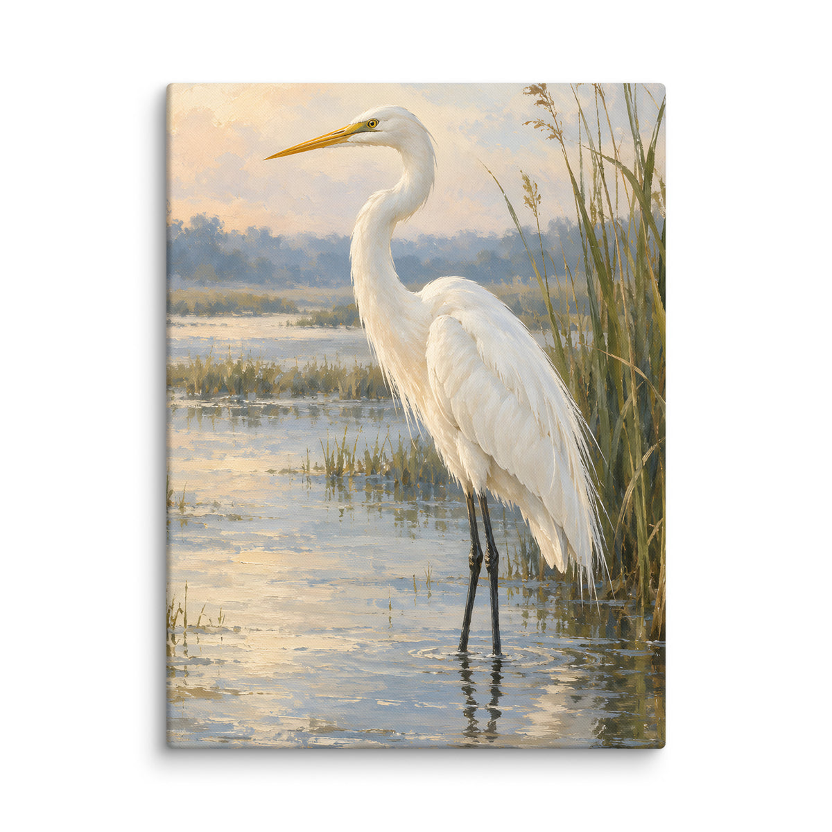 White Egret in the Quiet Marsh canvas print, 18 × 24 inches, showing a white egret among marsh reeds