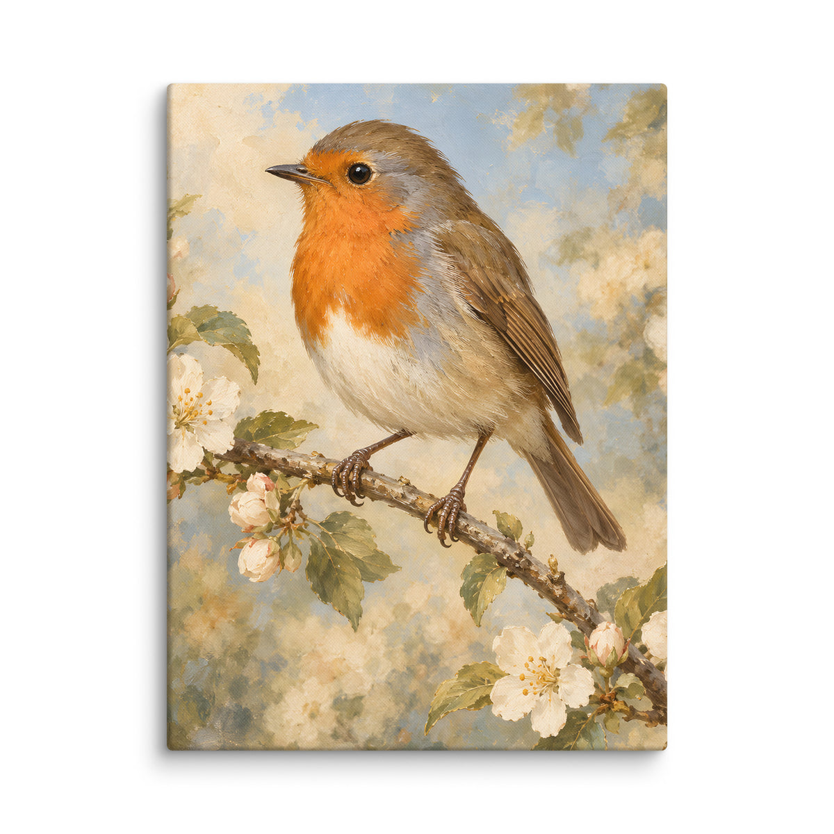 Robin Among Blossoms canvas print, 18 × 24 inches, showing a robin among spring blossoms