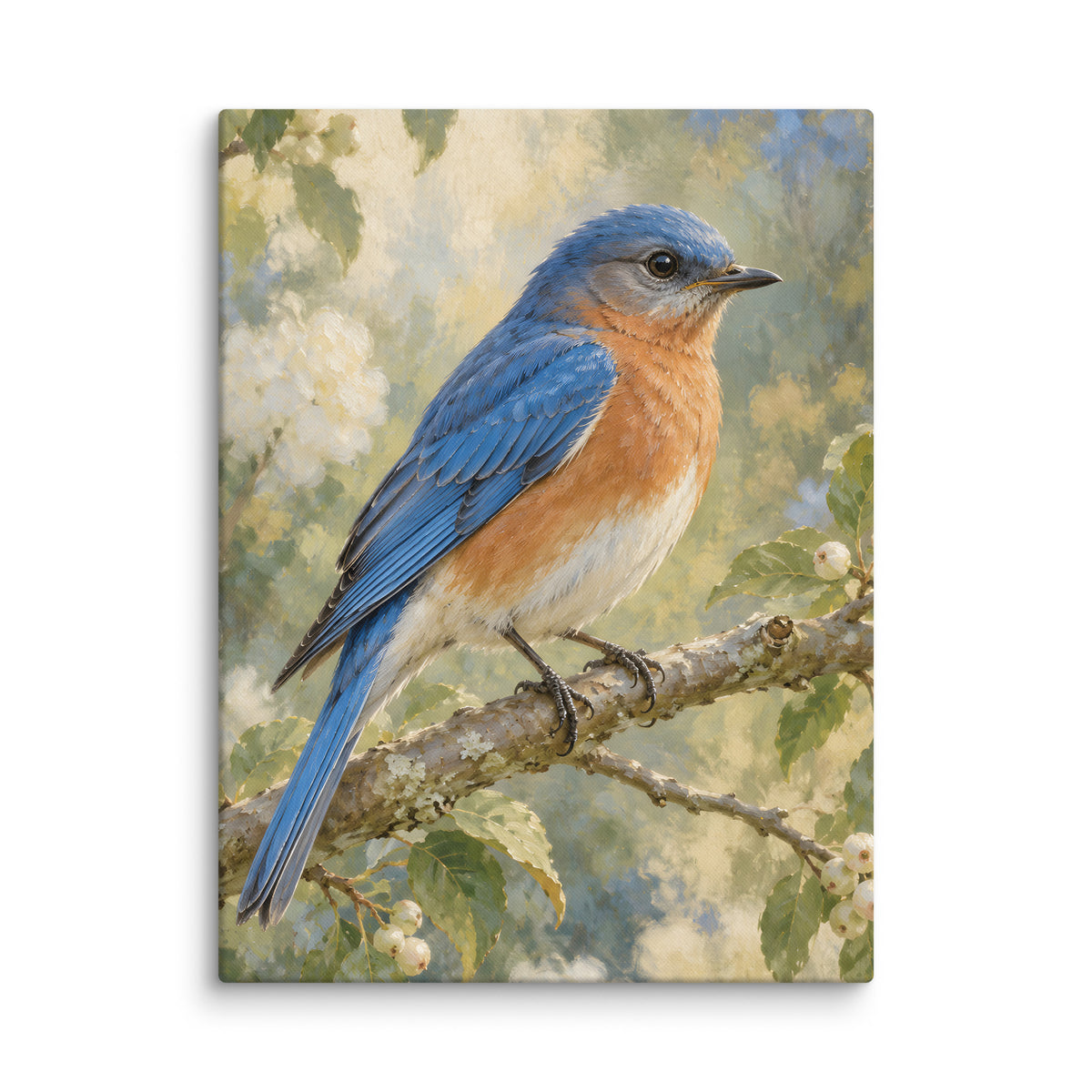 Bluebird on the Garden Branch canvas print, 18 × 24 inches, showing a bluebird perched on a garden branch