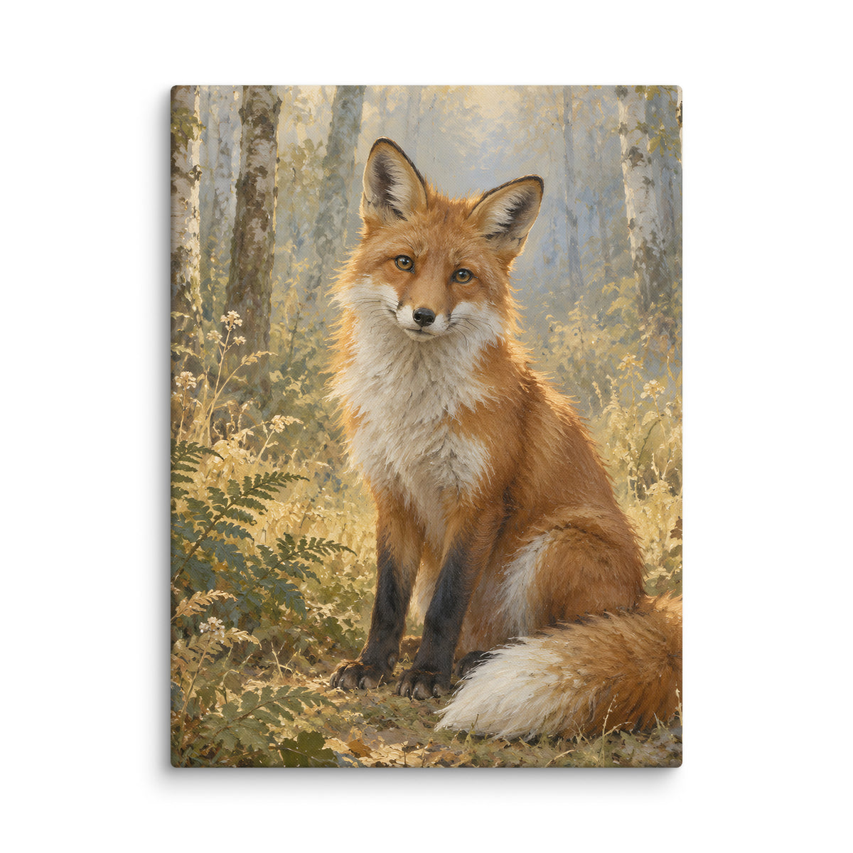 Fox in the Quiet Glade canvas print, 18 × 24 inches, showing a fox resting in a fern-filled glade