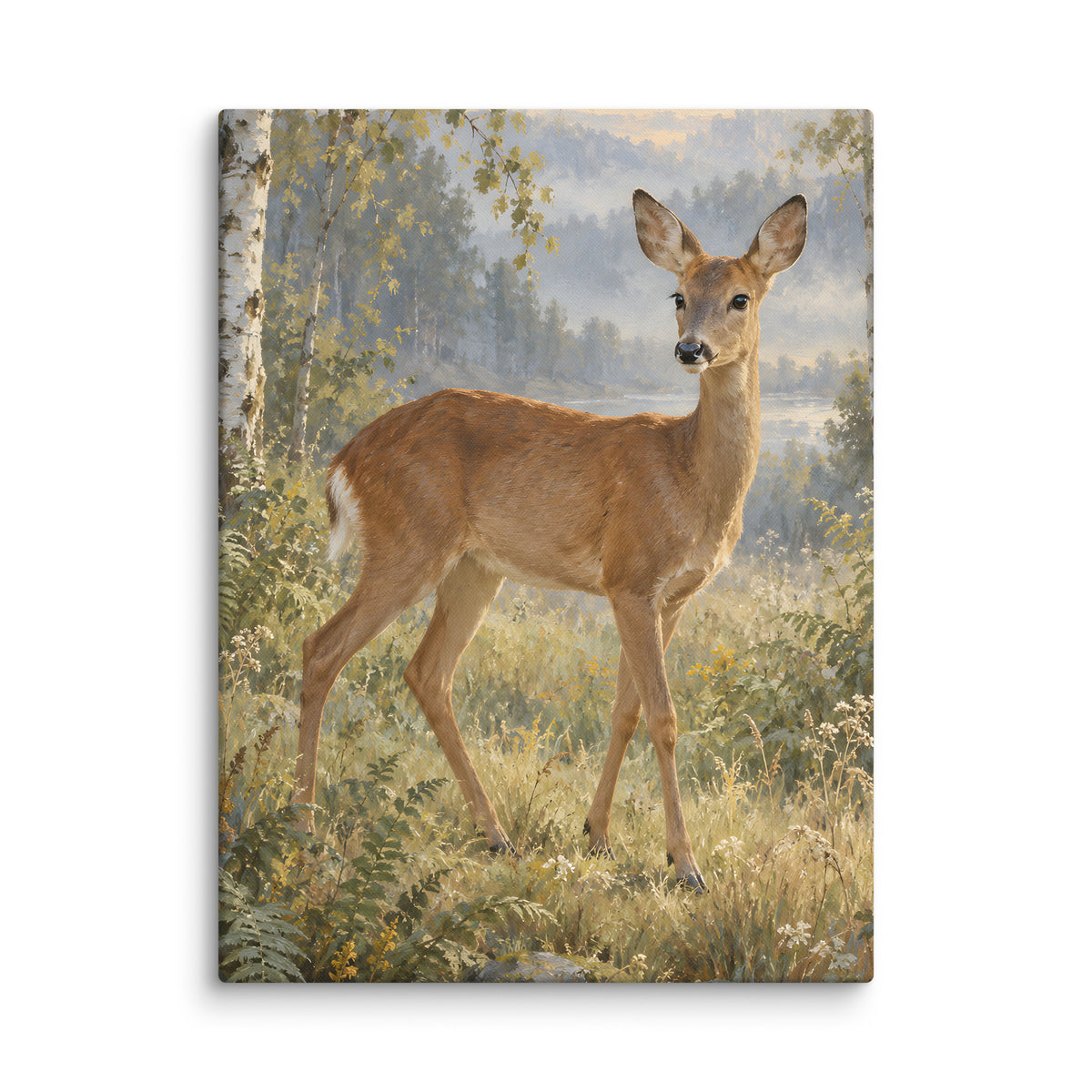 Doe in the Birchwood canvas print, 18 × 24 inches, showing a gentle doe among birch trees
