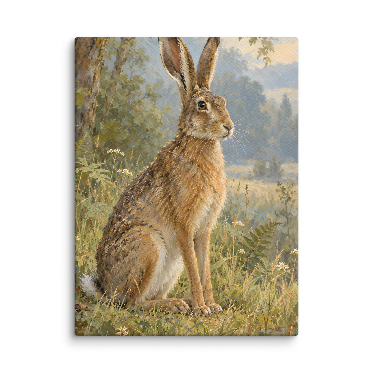 Hare at the Woodland Edge canvas print, 18 × 24 inches, showing a woodland hare among soft grasses