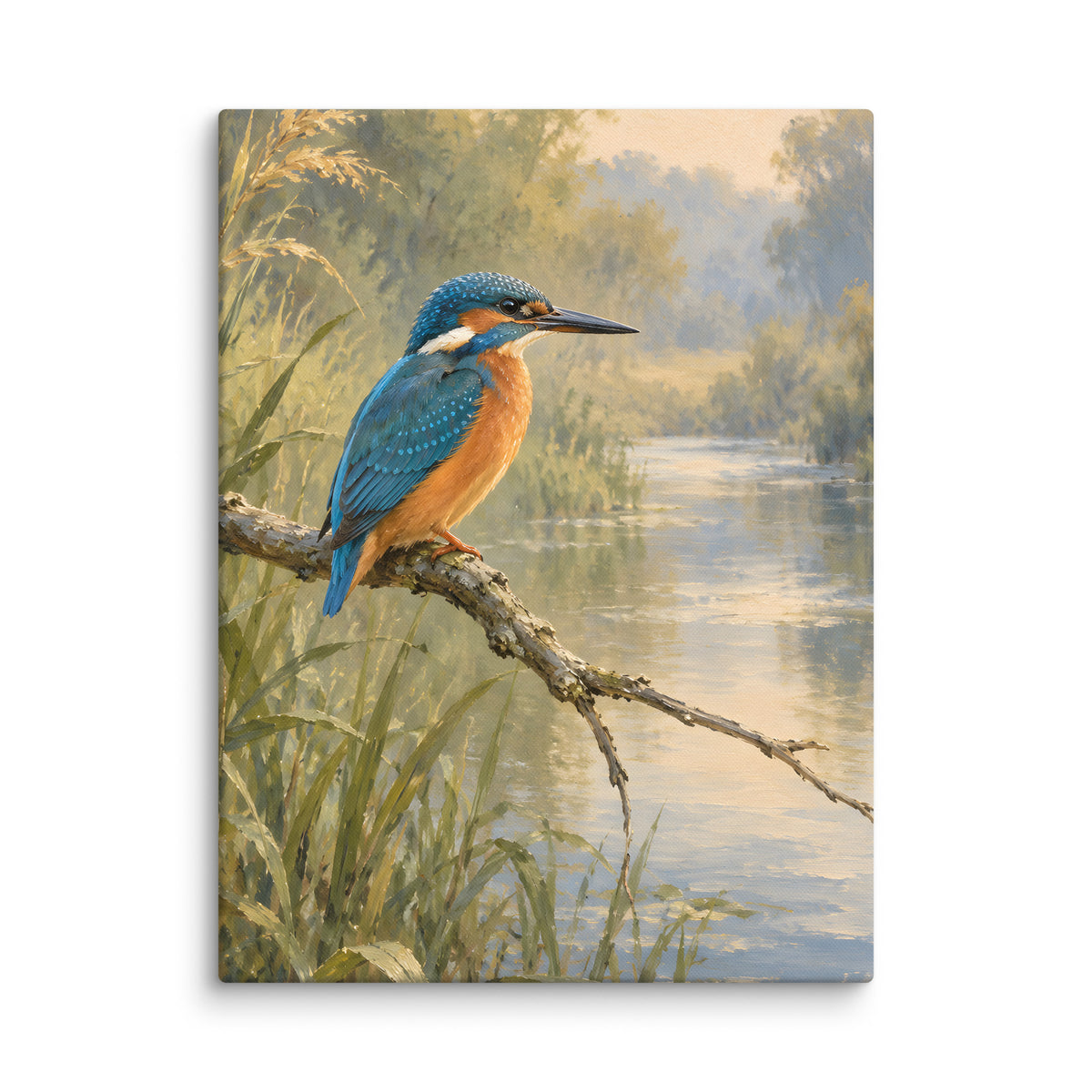Kingfisher Above Still Water canvas print, 18 × 24 inches, showing a kingfisher perched above a quiet stream