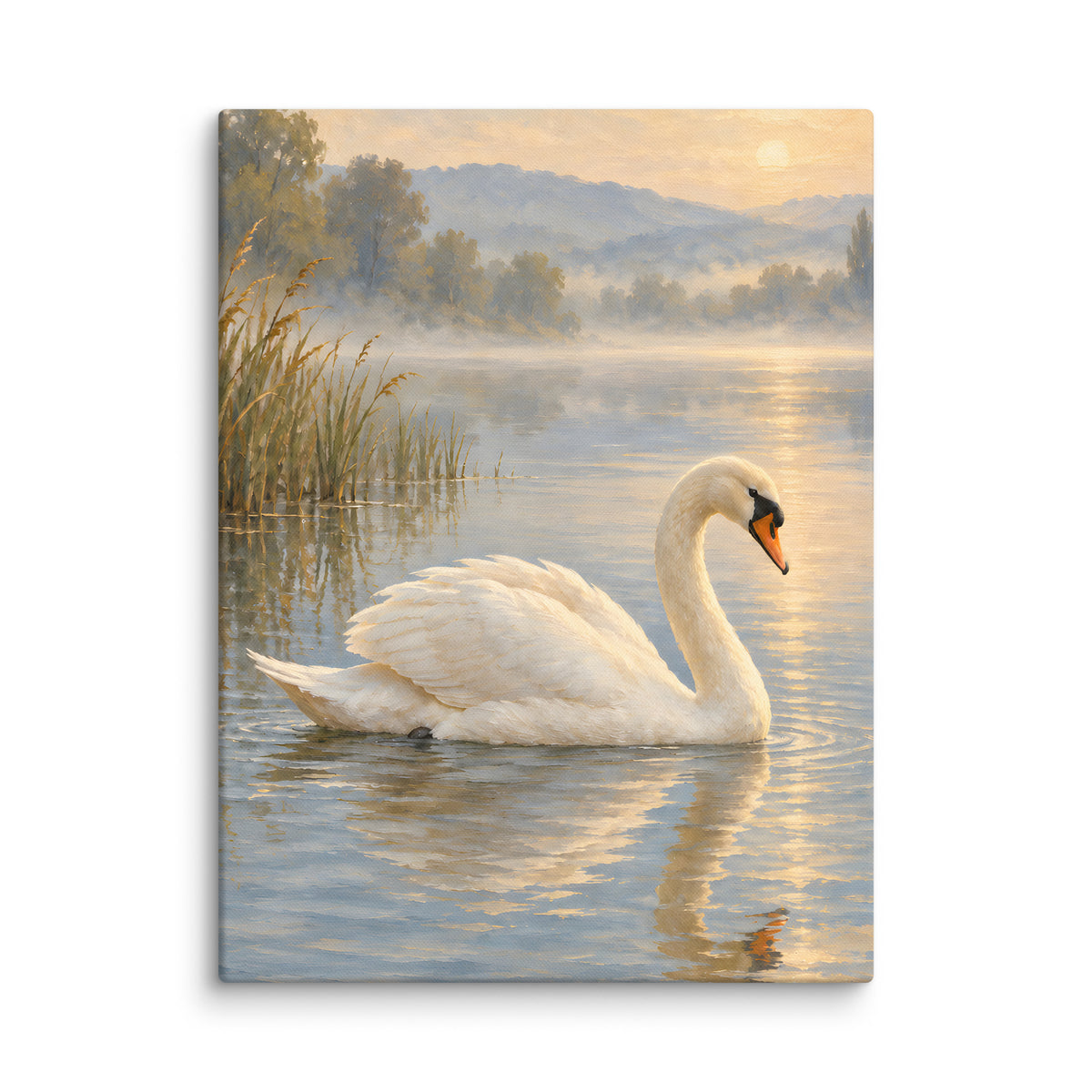 Swan on Quiet Water canvas print, 18 × 24 inches, showing a white swan on tranquil water