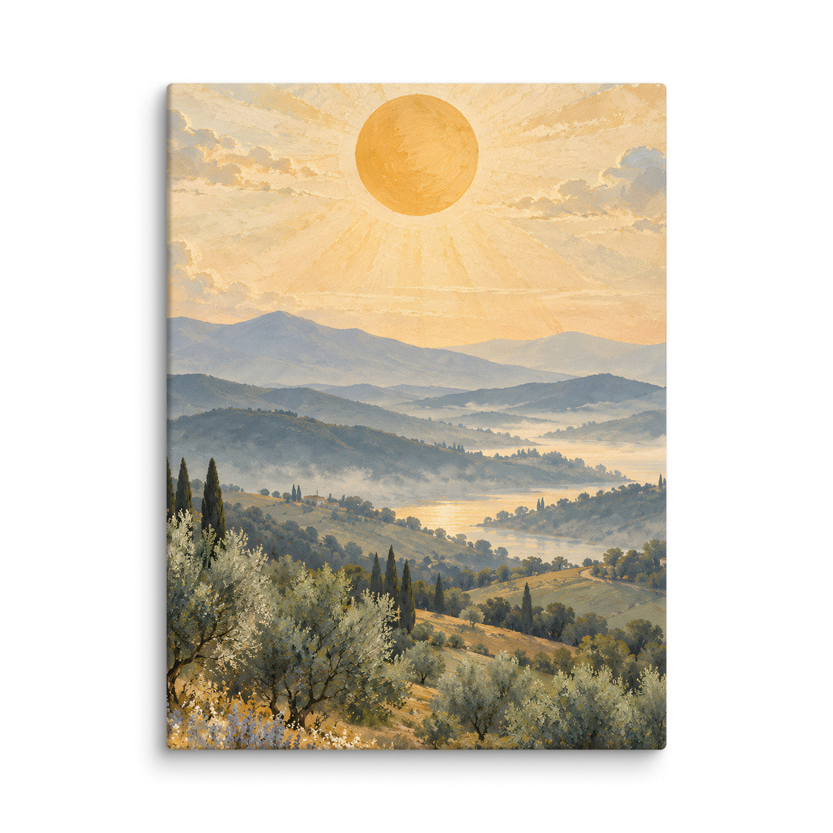 Ochre Sun Over Quiet Hills canvas print, 18 × 24 inches, featuring an ochre sun above rolling hills