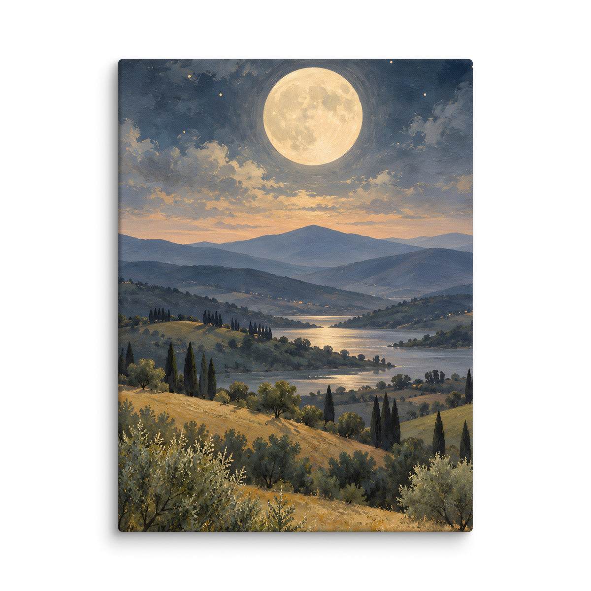 Ivory Moon Over Quiet Hills canvas print, 18 × 24 inches, featuring a full moon above quiet hills