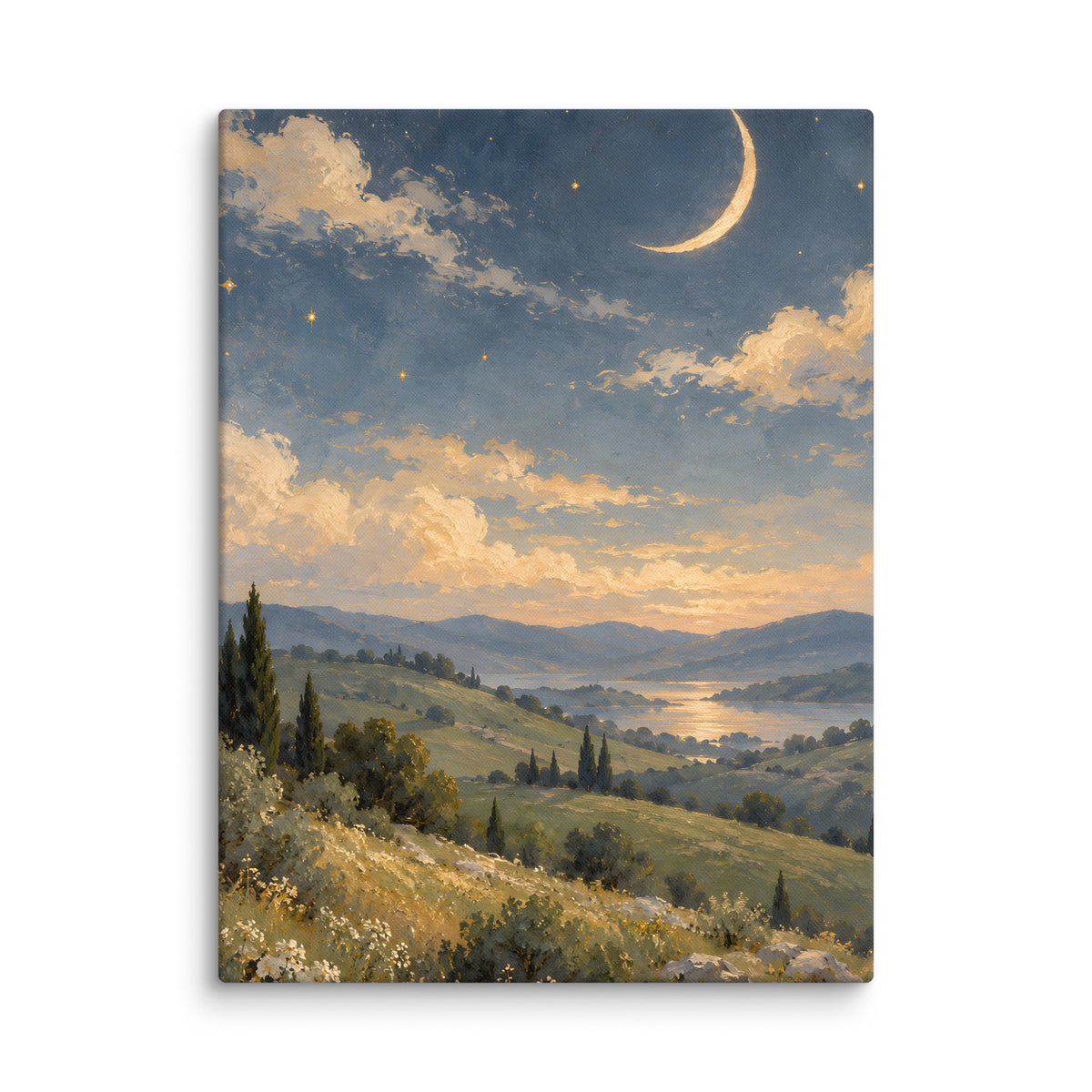 Ivory Crescent Over Sage Hills canvas print, 18 × 24 inches, featuring an ivory crescent above sage hills