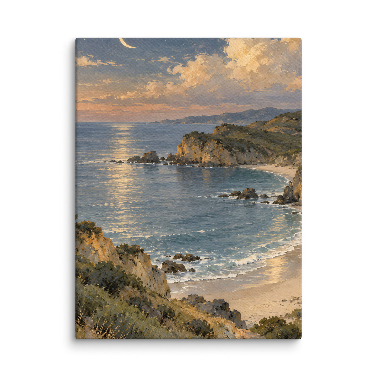 Crescent Moon Over the Quiet Bay canvas print, 18 × 24 inches, featuring a crescent above a coastal bay