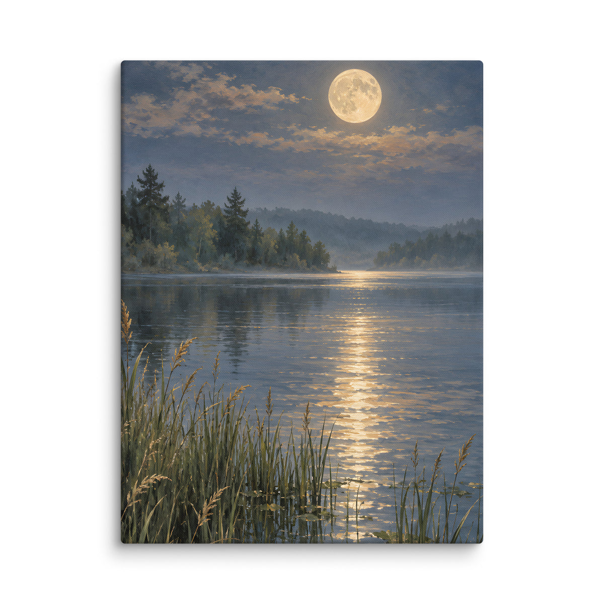 Broken Moonlight on the Still Lake canvas print, 18 × 24 inches, featuring moonlight reflected on a still lake