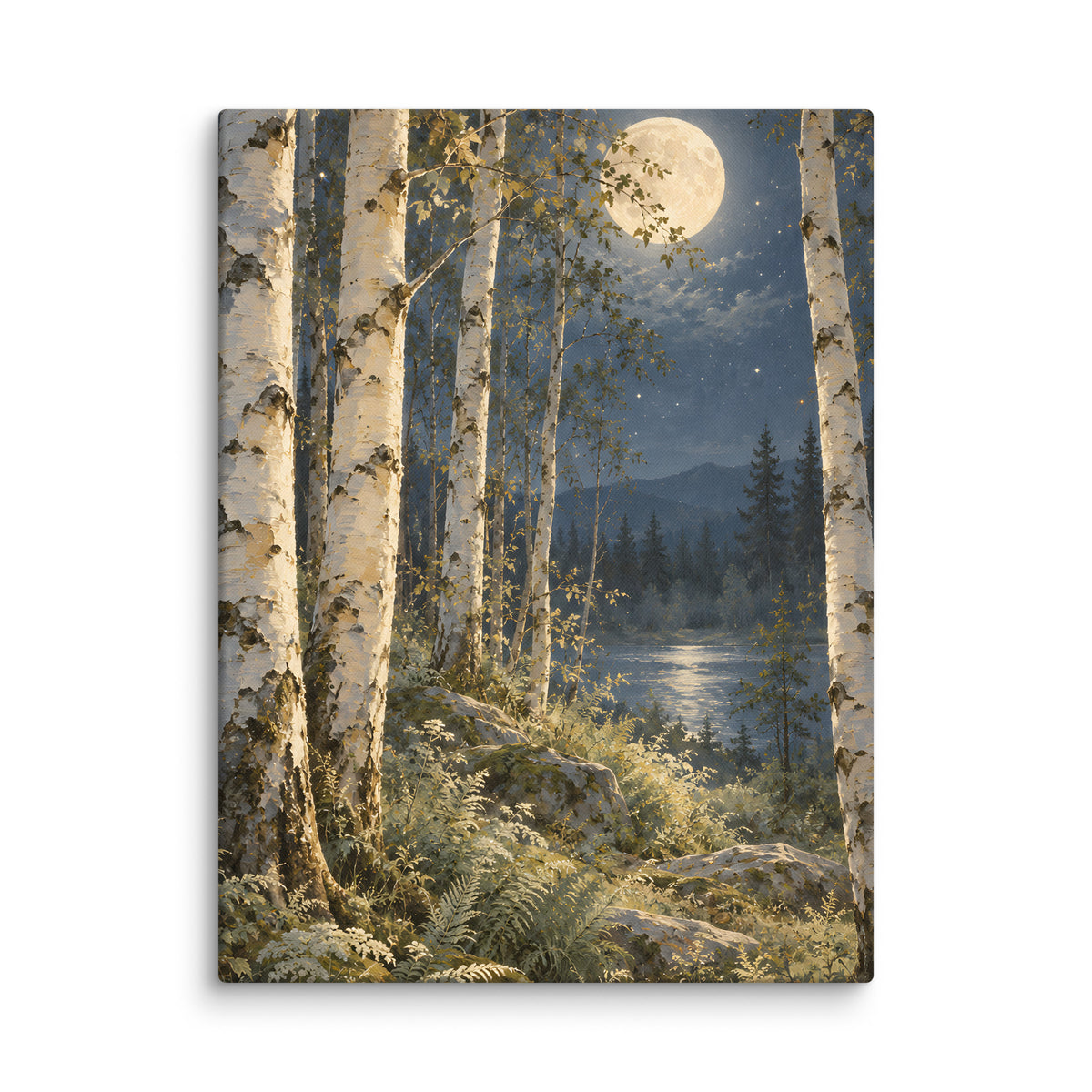 Ivory Moon Among the Birches canvas print, 18 × 24 inches, featuring an ivory moon among pale birches