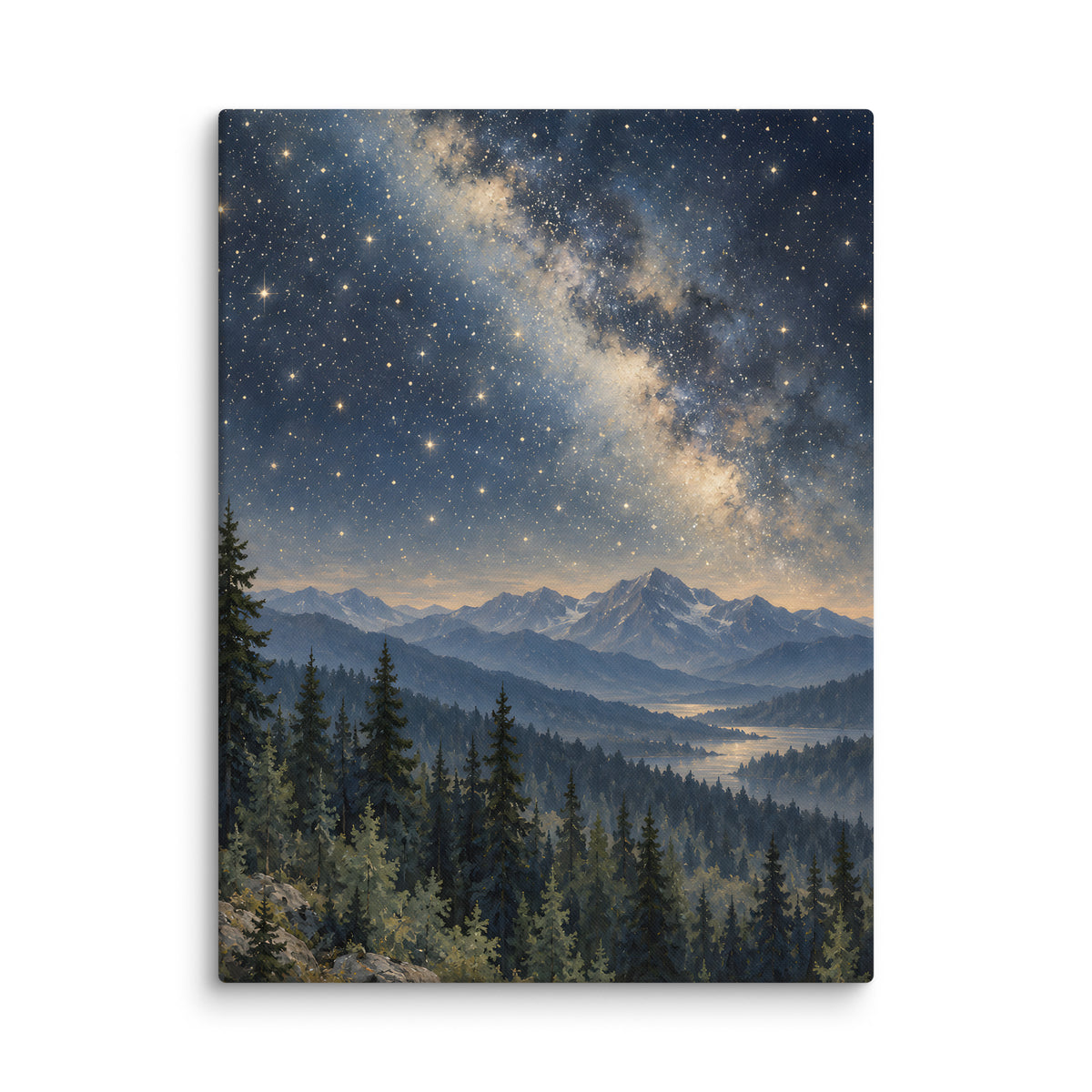 Starlight Over the Pine Valley canvas print, 18 × 24 inches, featuring a star-filled sky over pine forests