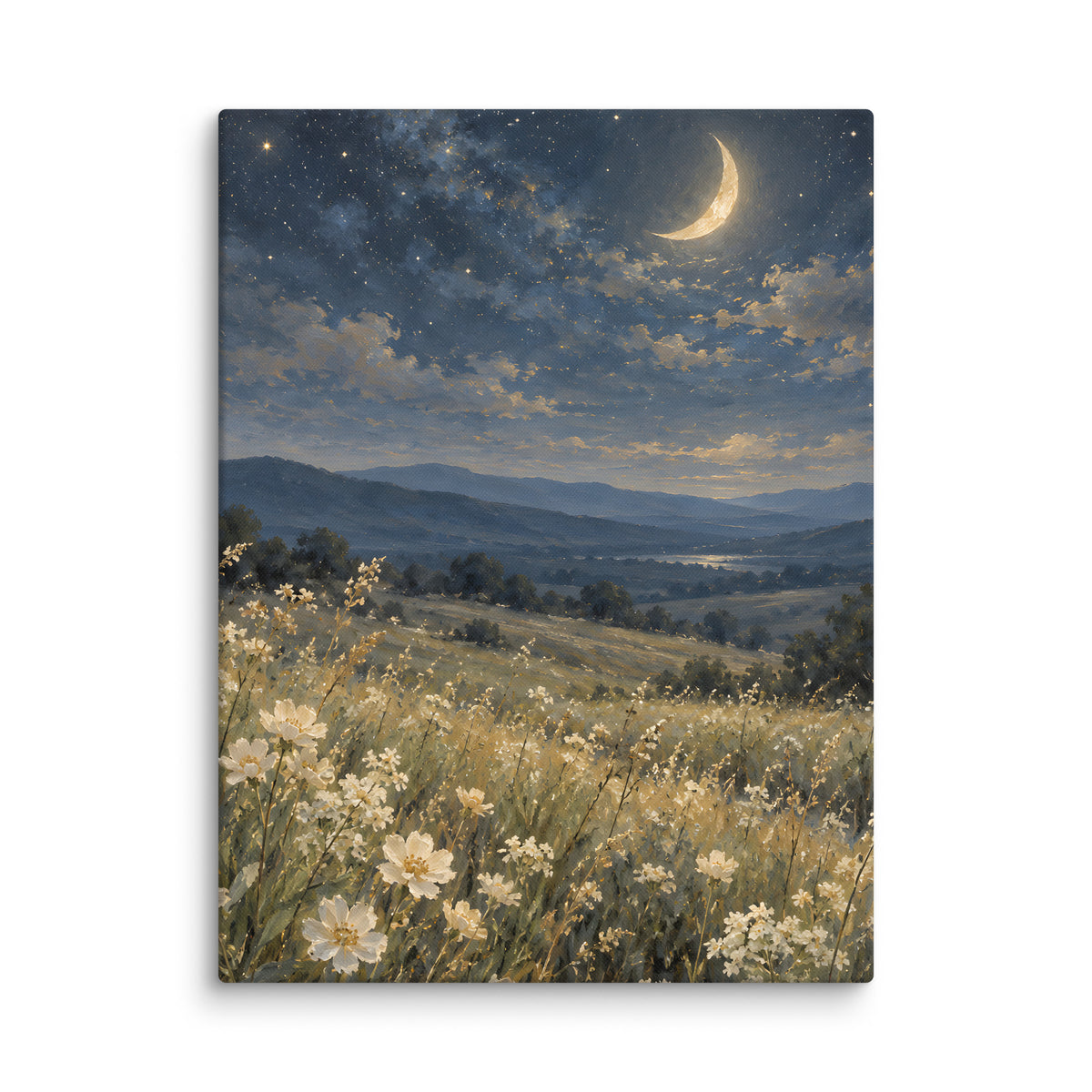 Starry Meadow Beneath a Golden Crescent canvas print, 18 × 24 inches, featuring a crescent above a wildflower meadow