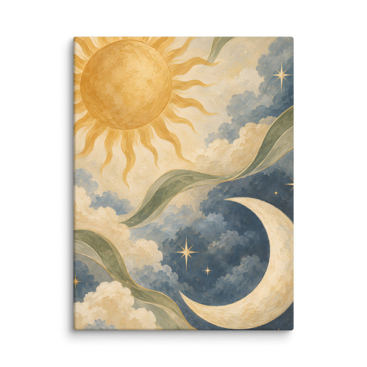 Sun and Crescent in Soft Tones canvas print, 18 × 24 inches, featuring a golden sun and ivory crescent