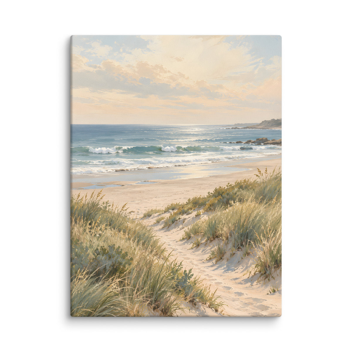 Quiet Tide canvas print, 24 × 32 inches, showing sandy dunes and muted blue sea